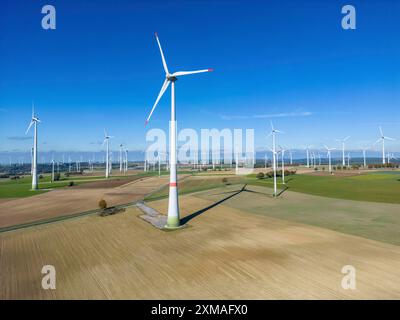 Parco eolico vicino a Lichtenau, turbine eoliche, Renania settentrionale-Vestfalia, Germania Foto Stock