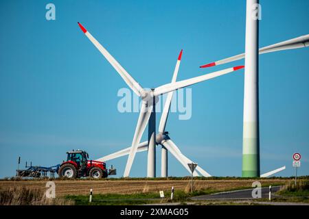 Parco eolico vicino a Lichtenau, turbine eoliche, strada di campagna, Driburger Strasse, trattore al lavoro nel campo, Renania settentrionale-Vestfalia, Germania Foto Stock