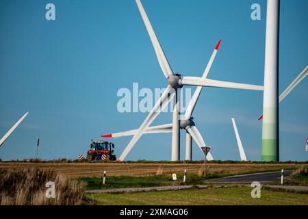 Parco eolico vicino a Lichtenau, turbine eoliche, strada di campagna, Driburger Strasse, trattore al lavoro nel campo, Renania settentrionale-Vestfalia, Germania Foto Stock