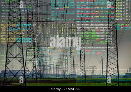 Immagine simbolica infrastruttura critica, rischio di blackout, cyberterrorismo, linee ad altissima tensione, 380 KV, linea elettrica, l'elettricità proviene da Foto Stock