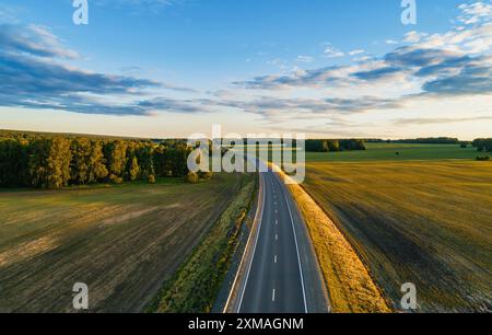 Una strada tortuosa si estende in lontananza, fiancheggiata da vivaci campi verdi e fitti alberi sotto un cielo azzurro. Foto Stock