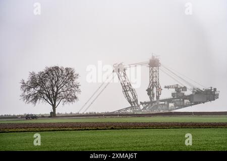 Escavatore minerario presso la miniera di lignite a cielo aperto Garzweiler II presso l'ex villaggio demolito di Luetzerath, sulla strada di campagna L12, nella nebbia Foto Stock