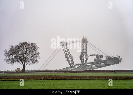 Escavatore minerario presso la miniera di lignite a cielo aperto Garzweiler II presso l'ex villaggio demolito di Luetzerath, sulla strada di campagna L12, nella nebbia Foto Stock