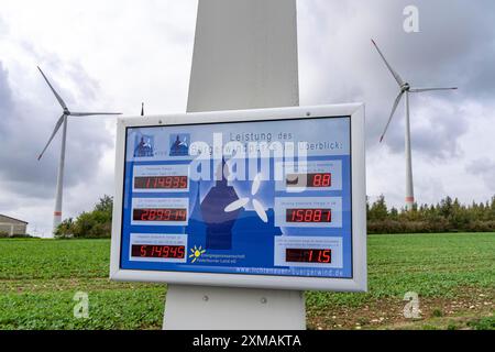 Buergerwindpark Westernfeld-Buchgarten, vicino a Lichtenau, 11 turbine eoliche, esposizione della produzione di energia, organizzato e finanziato come una cooperativa, profitti Foto Stock