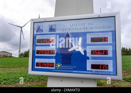 Buergerwindpark Westernfeld-Buchgarten, vicino a Lichtenau, 11 turbine eoliche, esposizione della produzione di energia, organizzato e finanziato come una cooperativa, profitti Foto Stock