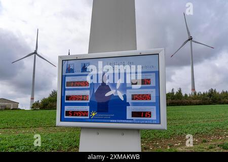 Buergerwindpark Westernfeld-Buchgarten, vicino a Lichtenau, 11 turbine eoliche, esposizione della produzione di energia, organizzato e finanziato come una cooperativa, profitti Foto Stock