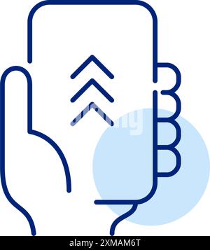 Tenere a mano il telefono con le frecce verso l'alto sullo schermo. Trasferimento dati. Caricamento file. Icona del vettore pixel Perfect Illustrazione Vettoriale