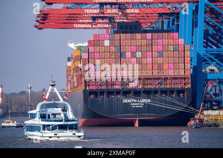 Porto di Amburgo, Waltershofer Hafen, HHLA Container Terminal Burchardkai, Container Freighter Zenith Lumos, Amburgo, Germania Foto Stock