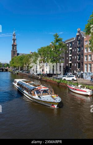 Westerkerk, torre della chiesa, centro storico di Amsterdam, cintura dei canali, Prinsengracht, crociera sui canali, vecchie case, Amsterdam, Paesi Bassi Foto Stock