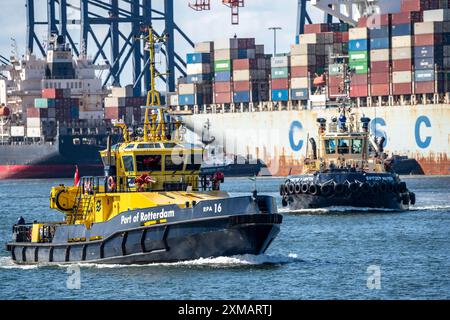 Europoort, porto di Rotterdam, rimorchiatore del porto, bowser, di fronte al terminal dei container Euromax, Paesi Bassi Foto Stock