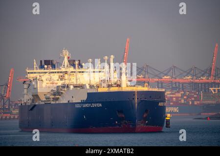 Petroliera GNL Rudolf Samoylovich, per il gas naturale liquefatto nel porto marittimo di Rotterdam, Maasvlakte2, Rotterdam Paesi Bassi Foto Stock