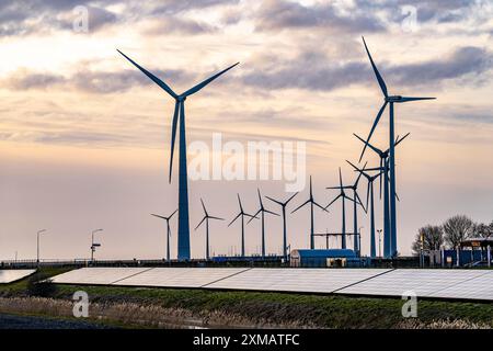 Parco solare sulla diga Slaperdijk vicino a Eemshaven, progetto di prova, 17, 000 moduli solari sono stati installati su un buon 5 chilometri, Paesi Bassi Foto Stock