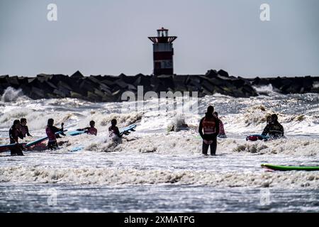 Corso per surfisti, principianti del surf, sulla spiaggia di Scheveningen, Paesi Bassi Foto Stock