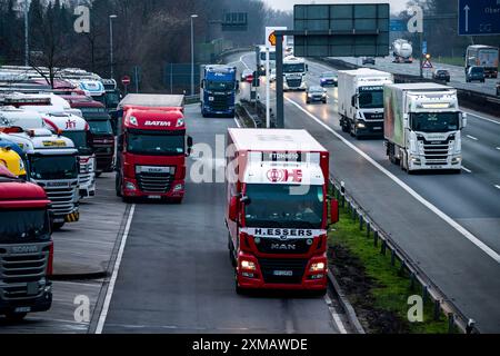 Traffico pesante sulla A2 presso l'area di servizio Bottrop-Sued, parcheggio di camion sovraffollato la sera, Bottrop, Renania settentrionale-Vestfalia, Germania Foto Stock