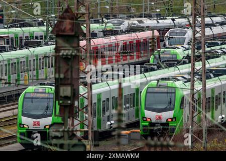 Treni regionali, ferrovie regionali, treni suburbani, sui binari di un deposito ferroviario, in attesa del loro servizio, Essen, Renania settentrionale-Vestfalia Foto Stock