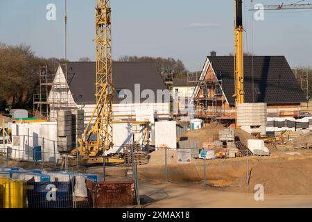 Nuova area di sviluppo, Am Schwan, a Wesel, dove si stanno costruendo 70 case unifamiliari e bifamiliari, basso Reno, Germania Foto Stock