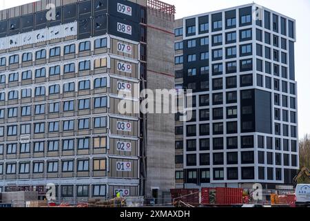 Cantiere del Community Campus, 737 appartamenti per studenti, ciascuno di 20 metri quadrati, completamente arredati, in costruzione modulare, utilizzando Foto Stock