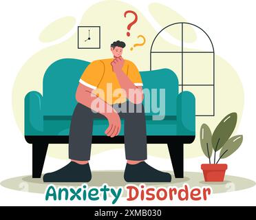 Illustrazione vettoriale del disturbo d'ansia caratterizzato da una persona frustrata, nervosismo e confusione su una depressione o salute mentale sfondo piatto Illustrazione Vettoriale