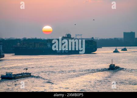 Il traffico marittimo serale sull'Elba, nei pressi di Oevelgoenne, la nave portacontainer MSC Soraya arriva al porto di Waltershofer, Amburgo, Germania Foto Stock