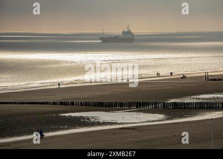 Atmosfera serale presso la spiaggia del Mare del Nord vicino a Zoutelande, Zelanda, pescatore, camminatore, frangiflutti, nave da carico, Paesi Bassi Foto Stock