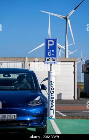 Stazione di ricarica rapida per auto elettriche, dal fornitore olandese PowerGo, nel porto dei traghetti di Eemshaven, alimentata da energia rinnovabile, Paesi Bassi Foto Stock