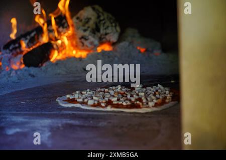 Forno per pizza a legna con legna e pizza cotta. Tradizionale Margherita in un forno a legna in pietra Foto Stock
