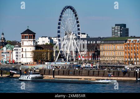 Skyline di Duesseldorf sul Reno, Mannesmannufer, case sulle rive del Reno, città vecchia, passeggiata lungo il fiume, Reno, ruota panoramica, castello Foto Stock