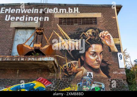 Murale della pittrice messicana e artista 3D Adry del Rocio, su un vecchio edificio del porto, parte della Rhine Side Gallery a Krefeld, Nord Foto Stock