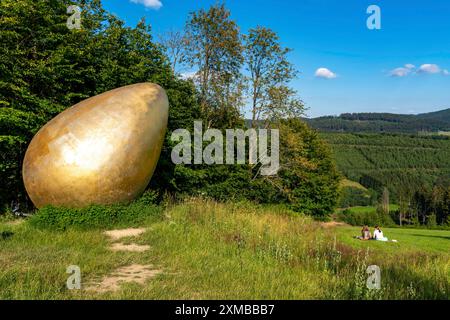 Forest Sculpture Trail Wittgensteiner Sauerland, percorso lungo 23 chilometri, parte del Rothaarsteig, la scultura Was Zuerst?, grande uovo dorato Foto Stock