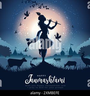 Felice Janmashtami con sfondo blu silhouette astratto disegno di illustrazione vettoriale Illustrazione Vettoriale