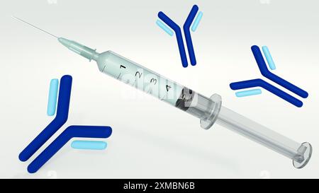 rendering 3d di molecole di anticorpi isolati e siringa medica su sfondo bianco Foto Stock