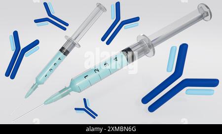 rendering 3d di molecole di anticorpi isolati e siringa medica su sfondo bianco Foto Stock