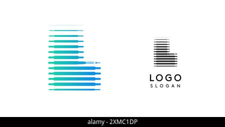 Lettera L astratta larga, logo con linee di gradiente orizzontali, logotipo gradiente dinamico per aziende tecnologiche, sviluppo software e marchi innovativi Illustrazione Vettoriale