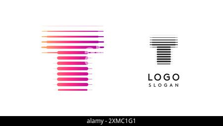 Lettera T ampia astratta, logo con linee di gradiente orizzontali, logotipo gradiente dinamico per aziende tecnologiche, sviluppo software e marchi innovativi Illustrazione Vettoriale