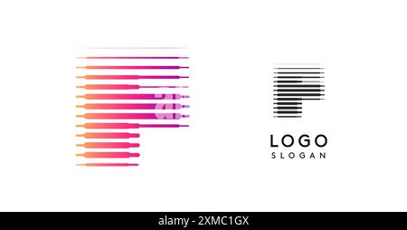 Lettera F a larghezza astratta, logo con linee di gradiente orizzontali, logotipo gradiente dinamico per aziende tecnologiche, sviluppo software e marchi innovativi Illustrazione Vettoriale