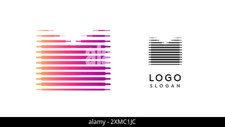 Lettera M a larghezza astratta, logo con linee di gradiente orizzontali, logotipo gradiente dinamico per aziende tecnologiche, sviluppo software e marchi innovativi Illustrazione Vettoriale