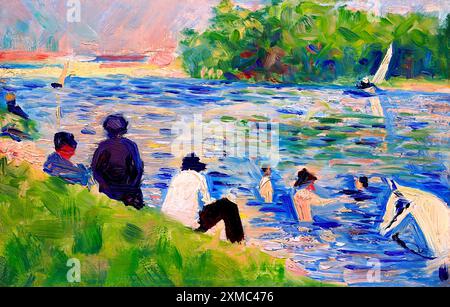 Bagnanti di Georges Seurat questo vibrante dipinto impressionista raffigura una vivace scena lungo il fiume dove le persone si godono una giornata di sole sull'acqua. Foto Stock