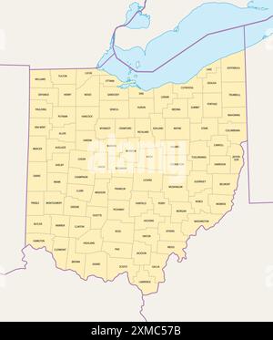 Le contee dell'Ohio, la mappa politica con i confini e i nomi delle contee. Stato nella regione Midwest degli Stati Uniti, suddiviso in 88 contee. Foto Stock