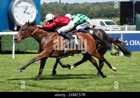 Ascot, Regno Unito. Sabato 27 luglio 2024. I nostri termini e Ryan Moore vincono i premi britannici EBF Crocker Bulteel "Confined" Maiden Stakes per l'allenatore Richard Hannon e il proprietario R.Barnett. Crediti JTW equine Images / Alamy Live News Foto Stock