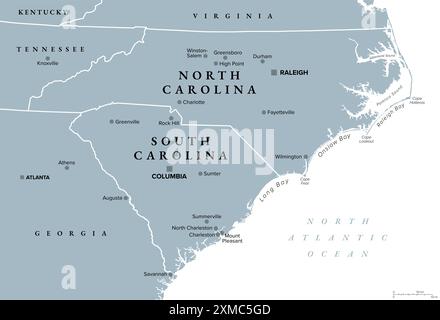 Le Carolinas o semplicemente Carolina, stati Uniti Carolina del Nord e Carolina del Sud, mappa politica grigia, con confini e capitali Raleigh e Columbia. Foto Stock