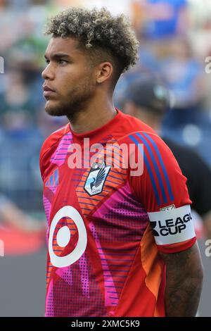 Seattle, Stati Uniti. 26 luglio 2024. Il portiere del Minnesota United Dayne St. Clair (97) si prepara per una partita di Leagues Cup contro i Seattle Sounders FC al Lumen Field di Seattle, Washington, il 26 luglio 2024. (Credito fotografico Nate Koppelman/Sipa USA) credito: SIPA USA/Alamy Live News Foto Stock