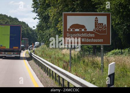 Deutschland 20. Giu 2024: Im Bild: Eine Tourist ische Unterrichtungstafel, Wegweiser für Sehenswürdigkeiten an der Autobahn A1. Urgeschichtliches Zentrum Wildeshausen *** Germania 20 giugno 2024 nella foto Un ufficio turistico, cartello per i luoghi di interesse sull'autostrada A1 Centro preistorico Wildeshausen Copyright: XFotostandx/xGelhotx Foto Stock