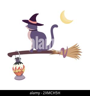 Gatto di Halloween sulla scopa della strega Illustrazione Vettoriale