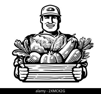 Felice lavoratore agricolo sorridente che tiene una cassa di legno con verdure biologiche fresche. Agricoltore e vettore alimentare agricolo Illustrazione Vettoriale