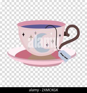 Un tè misterioso e grazioso con tè viola in una tazza rosa con una luna e le stelle disegnate sopra e un'etichetta per la bustina di tè. Illustrazione Vettoriale