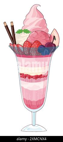 Un grazioso parfait rosa con strati di panna rosa, bevande, gelatina, marmellata, ecc. in un alto bicchiere dalle linee belle e decorato con biscotti al cioccolato, Illustrazione Vettoriale