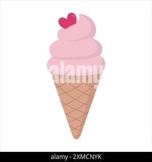 Un simpatico cono da gelato rosa, rotondo e pila con un grazioso motivo a forma di cuore sulla parte superiore Illustrazione Vettoriale