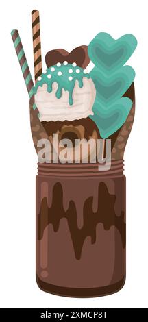 Monster Shake con frullato al cioccolato in bottiglia, ricoperto di cono per waffle, marshmallow a cuore verde, ciambella al cioccolato, gelato alla vaniglia, wafer arrotolato Illustrazione Vettoriale