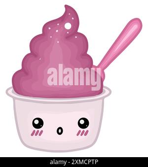 Servire il gelato in una tazza di carta bianca con un cucchiaio rosa Illustrazione Vettoriale