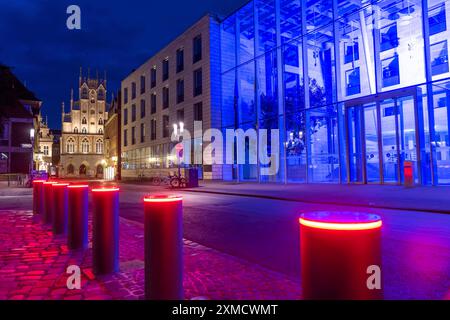 Centro storico, facciata dello storico municipio, edificio illuminato in blu del governo del quartiere di Muenster, barriera illuminata, bollards, ingresso Foto Stock